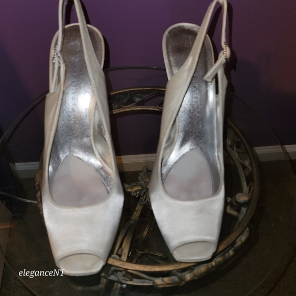 Martinez Valero Ivory (Rita) Satin Platform Peep Toe Sling back Heels Sz: 10 M - Picture 13 of 13